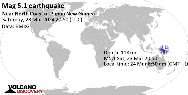 5.1 quake Papua New Guinea, 69 km southeast of Wewak, East Sepik Province, Mar 24, 2024 06:50 am (Port Moresby time)