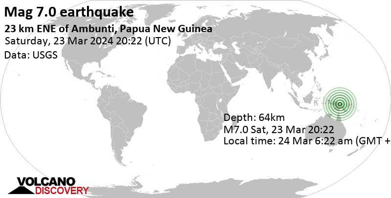 7.0 quake Papua New Guinea, 93 km southwest of Wewak, East Sepik Province, Mar 24, 2024 06:22 am (Port Moresby time)