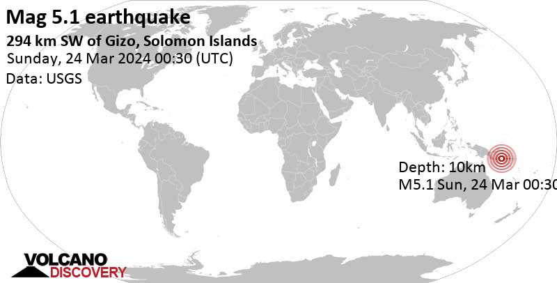 5.1 quake Solomon Sea, Papua New Guinea, 224 km northeast of Yeina Island, Milne Bay Province, Mar 24, 2024 10:30 am (GMT +10)