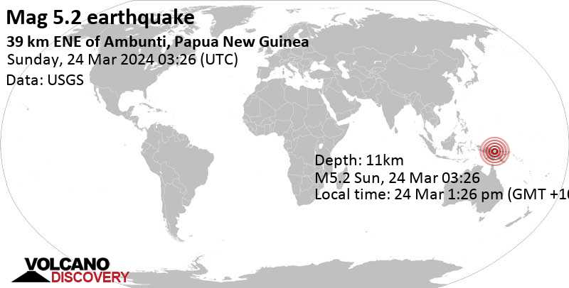 5.2 quake Papua New Guinea, 78 km southwest of Wewak, East Sepik Province, Mar 24, 2024 01:26 pm (Port Moresby time)
