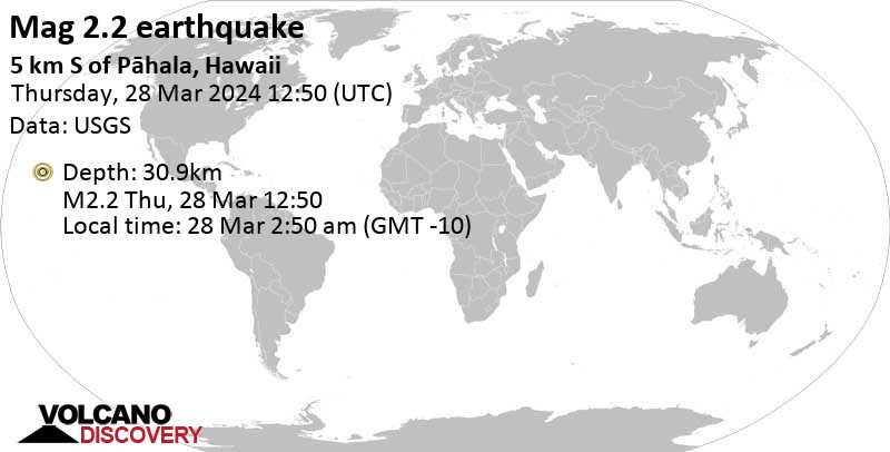 Sehr schwaches Beben Stärke 2.2 - 5 km S of Pāhala, Hawaii, am Donnerstag, 28. März 2024, um 02:50 (Honolulu Zeit)