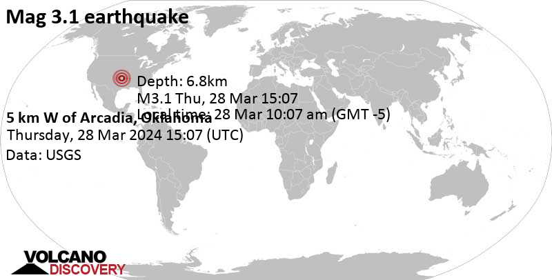 Quake info: Light mag. 3.1 earthquake - United States, 5.1 mi east of Edmond, Oklahoma County, Oklahoma, on Thursday, Mar 28, 2024, at 10:07 am (Chicago time)