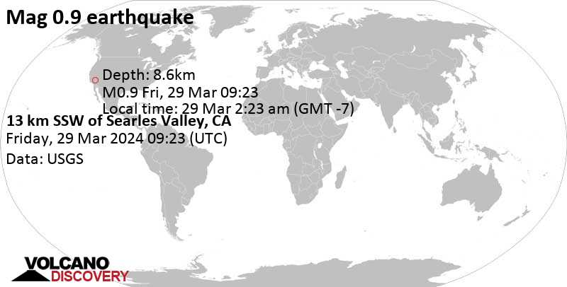 Quake info: Minor mag. 0.9 earthquake - San Bernardino County, United States, 11 mi east of Ridgecrest, Kern County, California, on Friday, Mar 29, 2024, at 02:23 am (Los Angeles time)