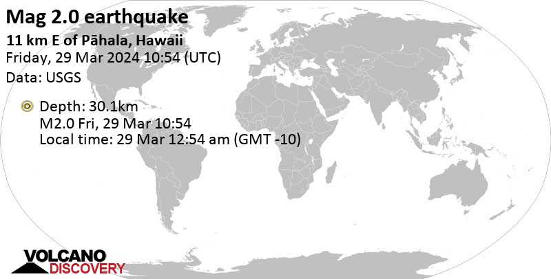 Quake info: Minor mag. 2.0 earthquake - 11 km E of Pāhala, Hawaii, on Friday, Mar 29, 2024, at 12:54 am (Honolulu time)
