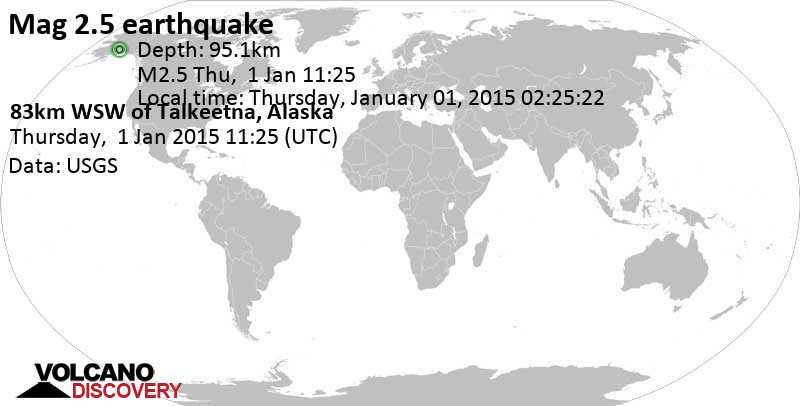 Minor mag. 2.5 earthquake - 83km WSW of Talkeetna, Alaska, on Thursday, January 01, 2015 02:25:22