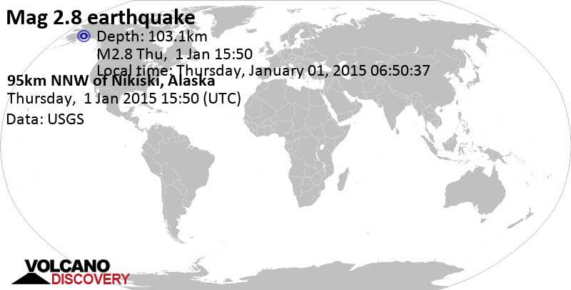 Minor mag. 2.8 earthquake - 66 mi west of Alaska City, Anchorage, Alaska, USA, on Thursday, January 01, 2015 06:50:37