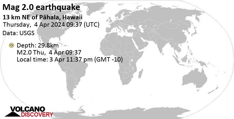 Quake info: Minor mag. 2.0 earthquake - United States, 36 mi southwest of Hilo, Hawaii County, Hawaii, on Wednesday, Apr 3, 2024, at 11:37 pm (Honolulu time)