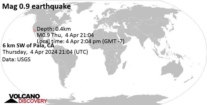 Quake info: Minor mag. 0.9 earthquake - United States, 10.5 mi northeast of Vista, San Diego County, California, on Thursday, Apr 4, 2024, at 02:04 pm (Los Angeles time)