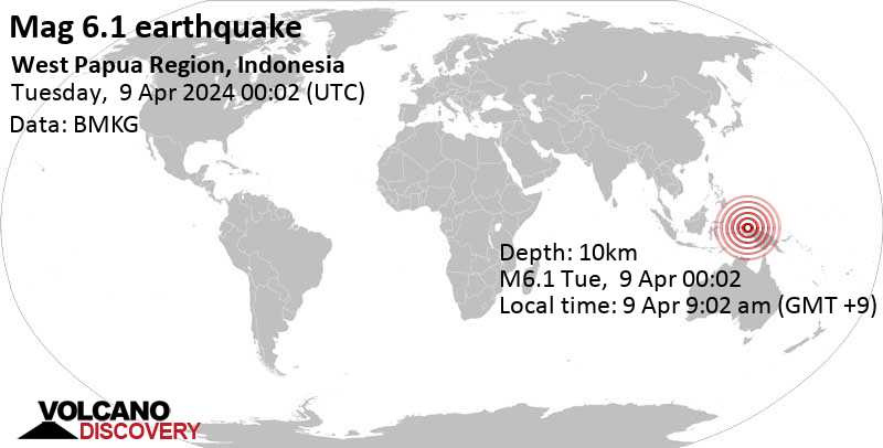 Stärke 6.1 - South Pacific Ocean, 41 km östlich von Ransiki, Indonesien,  9. Apr. 2024 09:02 (GMT +9)