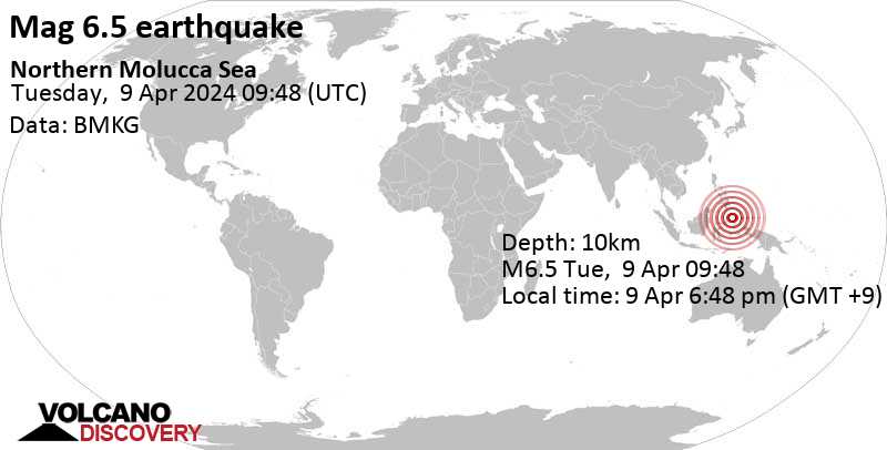 Stärke 6.5 - Molucca Sea, North Maluku, 122 km südlich von Pulau Kaburuang , Indonesien,  9. Apr. 2024 18:48 (GMT +9)