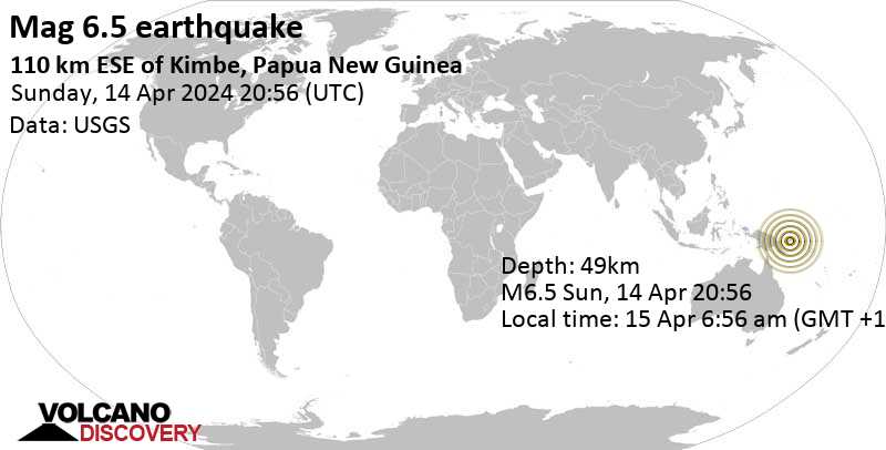 Stärke 6.5 - 209 km südwestlich von Herbertshöhe, East New Britain, Papua-Neuguinea, 15. Apr. 2024 06:56 (Port Moresby Zeit)