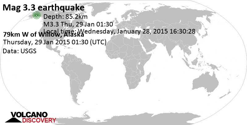 Minor mag. 3.3 earthquake - 12 mi south of Skwentna, Matanuska-Susitna, Alaska, USA, on Wednesday, January 28, 2015 16:30:28