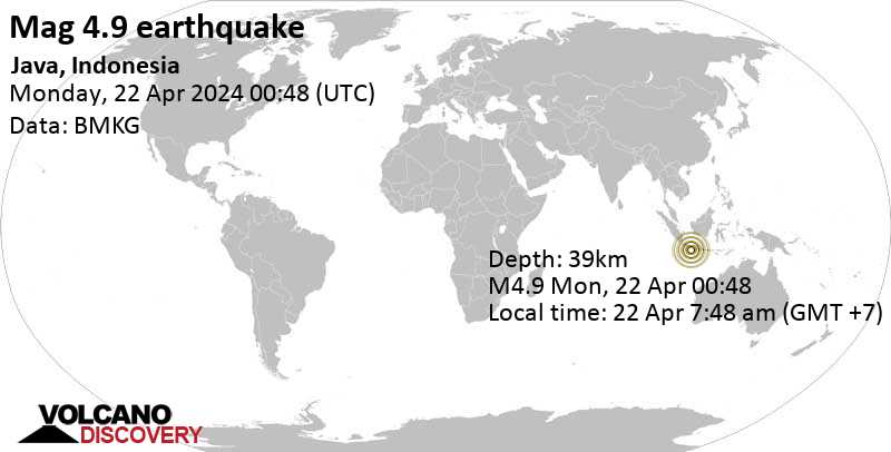 4.9 quake Indian Ocean, 96 km south of Banyumas, Central Java, Indonesia, Apr 22, 2024 07:48 am (GMT +7)