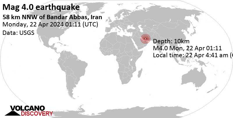 4.0 quake 59 km northwest of Bandar Abbas, Hormozgan, Iran, Apr 22, 2024 04:41 am (Tehran time)