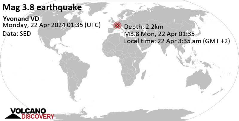 3.8 quake Jura-Nord vaudois, 37 km north of Lausanne, Lausanne, Vaud, Switzerland, Apr 22, 2024 03:35 am (Zurich time)