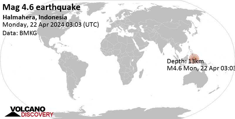 4.6 quake Maluku Sea, 52 km northwest of Ternate, North Maluku, Indonesia, Apr 22, 2024 12:03 pm (GMT +9)
