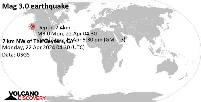 3.0 quake 27 mi north of Santa Rosa, Sonoma County, California, United States, Apr 21, 2024 09:30 pm (Los Angeles time)