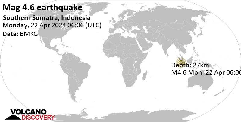 4.6 quake Indian Ocean, Sumatra Barat, 82 km west of Sungai Penuh, Jambi, Indonesia, Apr 22, 2024 01:06 pm (Jakarta time)