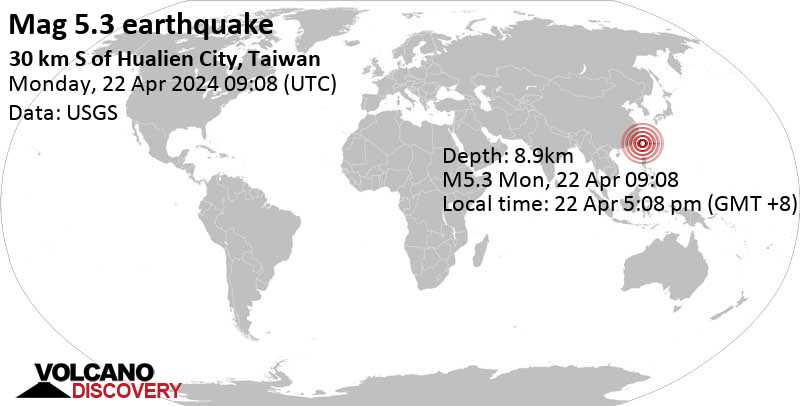 5.3 quake 30 km S of Hualien City, Taiwan, Apr 22, 2024 05:08 pm (Taipei time)