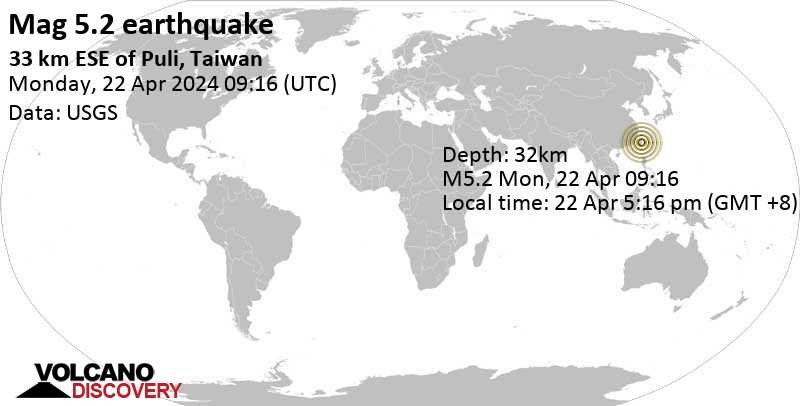 5.2 quake 33 km ESE of Puli, Taiwan, Apr 22, 2024 05:16 pm (Taipei time)