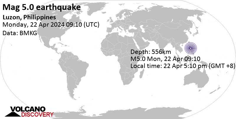 5.0 quake Philippine Sea, 49 km north of Polillo Island, Quezon, Calabarzon, Philippines, Apr 22, 2024 05:10 pm (GMT +8)