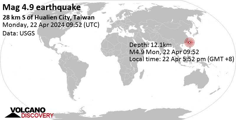 4.9 quake Philippine Sea, 29 km south of Hualien City, Taiwan, Apr 22, 2024 05:52 pm (Taipei time)