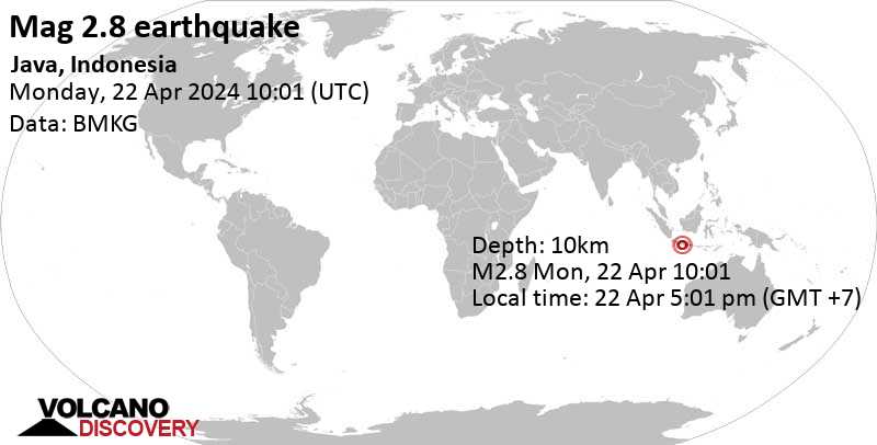 2.8 quake Kabupaten Gunung Kidul, 23 km southeast of Yogyakarta, Yogyakarta, Indonesia, Apr 22, 2024 05:01 pm (Jakarta time)