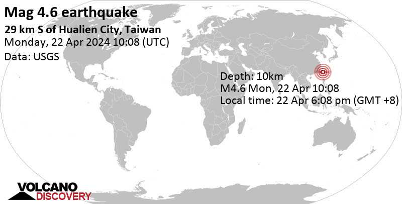 4.6 quake Philippine Sea, 30 km south of Hualien City, Taiwan, Apr 22, 2024 06:08 pm (Taipei time)