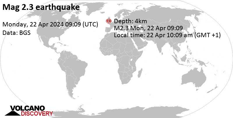 2.3 quake 21 km southeast of Aberystwyth, Ceredigion, Wales, United Kingdom, Apr 22, 2024 10:09 am (London time)