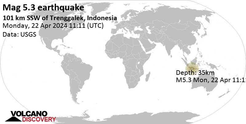 5.3 quake Indian Ocean, 115 km southwest of Kedungwaru, East Java, Indonesia, Apr 22, 2024 06:11 pm (GMT +7)