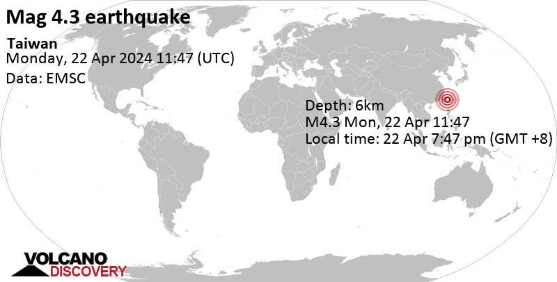 4.3 quake 25 km south of Hualien City, Taiwan, Apr 22, 2024 07:47 pm (Taipei time)