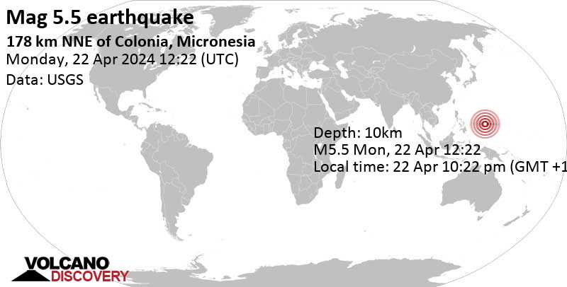 5.5 quake Philippine Sea, 179 km north of Colonia, State of Yap, Micronesia, Apr 22, 2024 11:22 pm (GMT +11)
