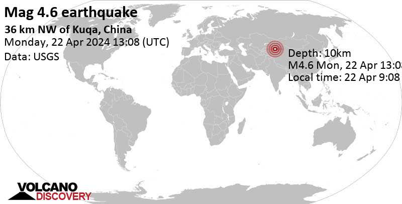 4.6 quake 36 km northwest of Kucha, Xinjiang, China, Apr 22, 2024 07:08 pm (Urumqi time)
