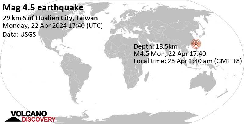 4.5 quake 29 km S of Hualien City, Taiwan, Apr 23, 2024 01:40 am (Taipei time)
