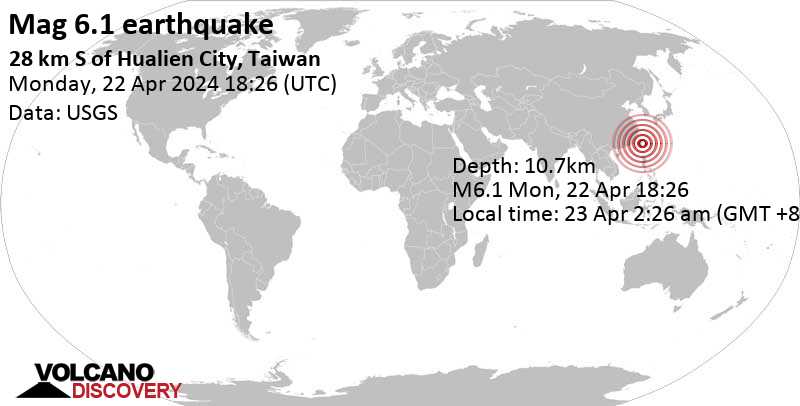 6.1 quake Philippine Sea, 28 km south of Hualien City, Taiwan, Apr 23, 2024 02:26 am (Taipei time)