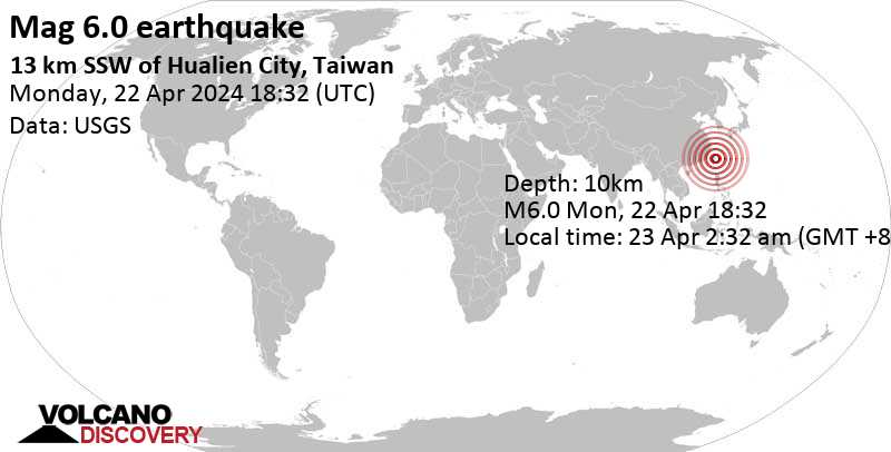 6.0 quake 13 km SSW of Hualien City, Taiwan, Apr 23, 2024 02:32 am (Taipei time)