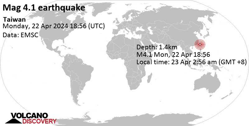 4.1 quake 18 km south of Hualien City, Taiwan, Apr 23, 2024 02:56 am (Taipei time)