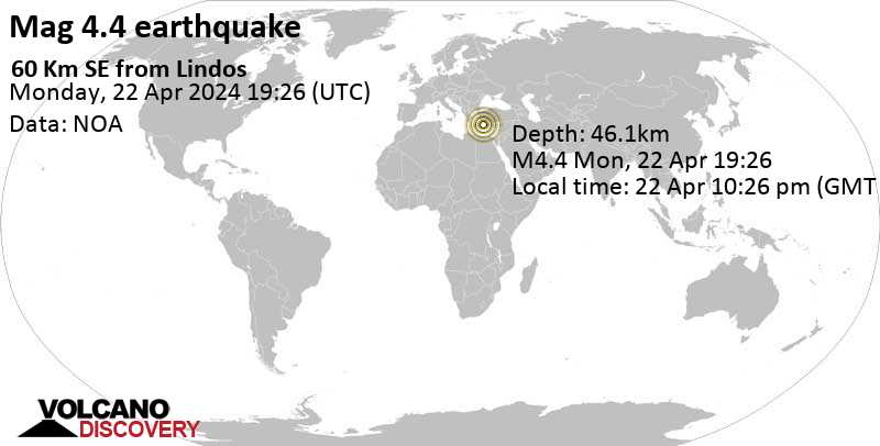 4.4 quake Eastern Mediterranean, 83 km southeast of Rhodes, Greece, Apr 22, 2024 09:26 pm (GMT +2)