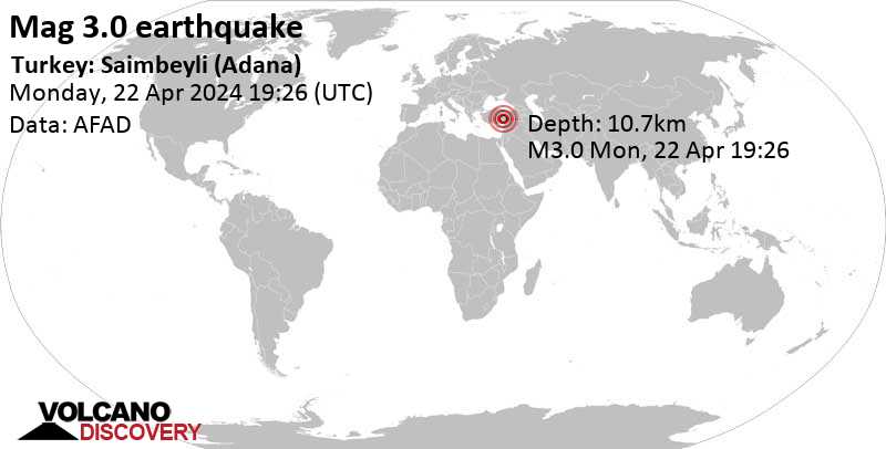 3.0 quake Adana, 31 km southwest of Göksun, Kahramanmaras, Turkey, Apr 22, 2024 10:26 pm (Istanbul time)