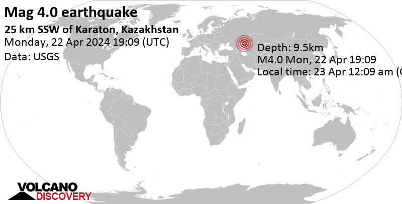 4.0 quake 26 km southwest of Qaraton, Atyrau, Kazakhstan, Apr 23, 2024 12:09 am (Atyrau time)