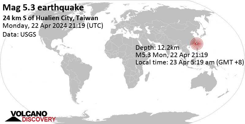 5.3 quake 24 km S of Hualien City, Taiwan, Apr 22, 2024 09:19 pm (GMT +0)