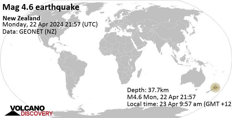 4.6 quake 49 km southeast of Taupo, Waikato, New Zealand, Apr 23, 2024 09:57 am (Auckland time)