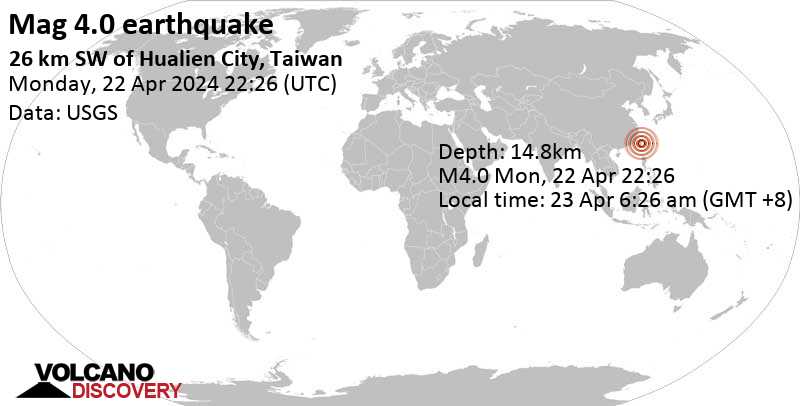 4.2 quake 26 km SSW of Hualien City, Taiwan, Apr 23, 2024 06:26 am (Taipei time)