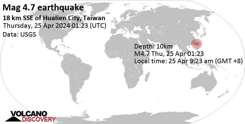Séisme M 4.7: Philippine Sea, 19 km au sud de Hualien City, Taiwan, Taïwan, 25 avril 2024 09:23 (Heure Taipei)