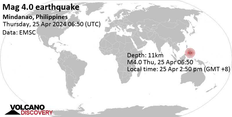 Séisme M 4.0: 11 km au sud de Valencia, Bukidnon, Mindanao du Nord, Philippines, 25 avril 2024 14:50 (Heure Manila)