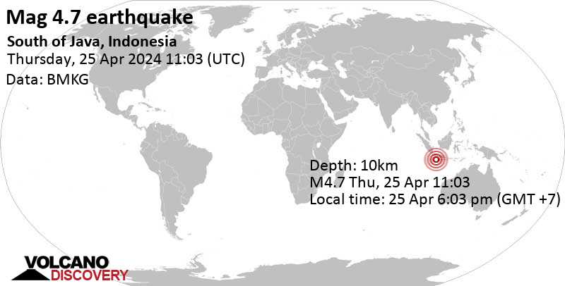Séisme M 4.7: Océan Indien, 272 km au sud de Bandung, Java occidental, Indonésie, 25 avril 2024 18:03 (GMT +7)