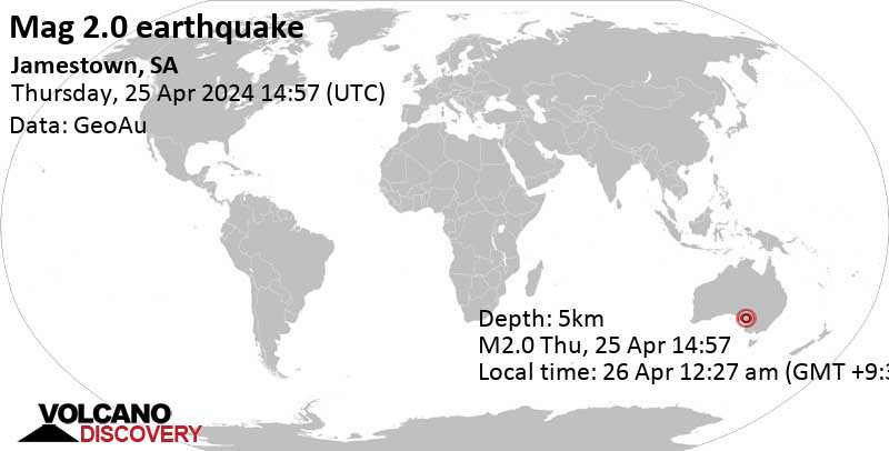 Séisme M 2.0: 0.6 km au sud-est de Jamestown, Northern Areas, Australie-Méridionale, Australie, 26 avril 2024 00:27 (Heure Adelaide)