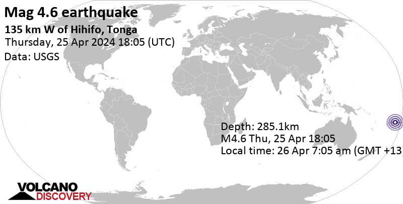 Séisme M 4.8: South Pacific Ocean, Tonga, 26 avril 2024 07:05 (GMT +13)