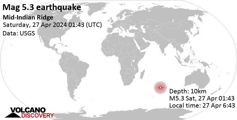 5.3 quake Indian Ocean, 78 km northeast of Amsterdam Island, French Southern Territories, Apr 27, 2024 06:43 am (GMT +5)