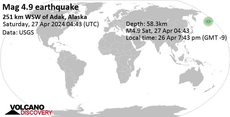 4.9 quake Bering Sea, 49 mi west of Amatignak Island, Aleutians West, Alaska, United States, Apr 26, 2024 06:43 pm (GMT -10)